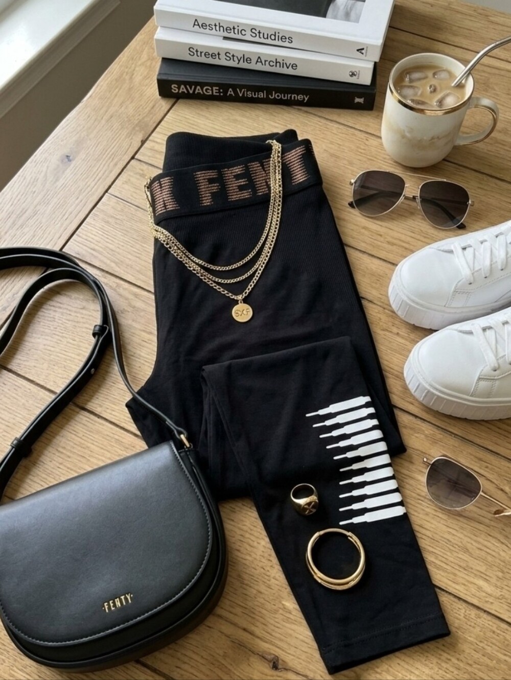 Savage X Fenty Black Leggings with Copper Logo Waistband and White Side Stripe L